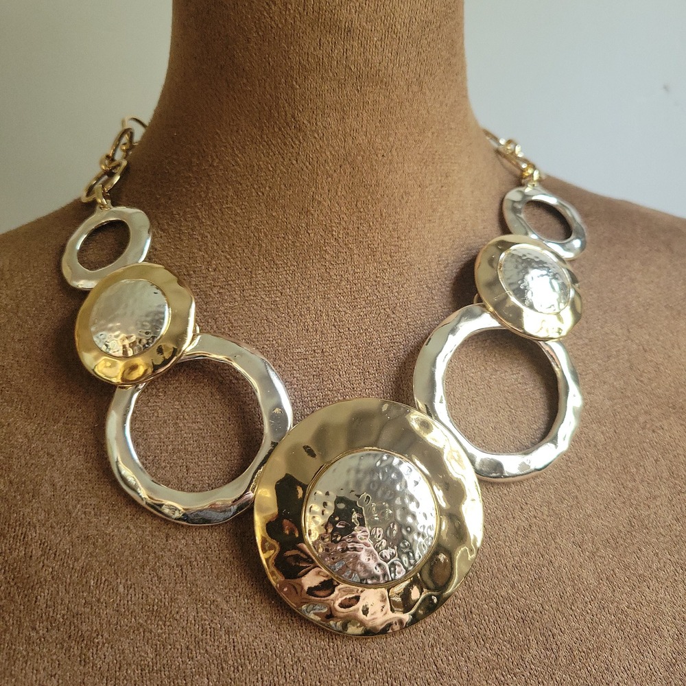 Mixed Metal Hammered Circle Statement Necklace Gold Silver Tone 20 Inch Eclectic